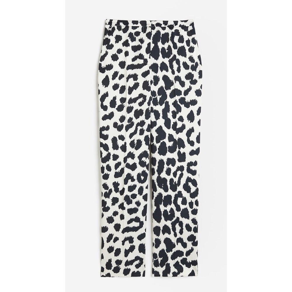 H&M Satin Straight Crop High-Waisted Trouser Pants White Leopard Print SZ 10
